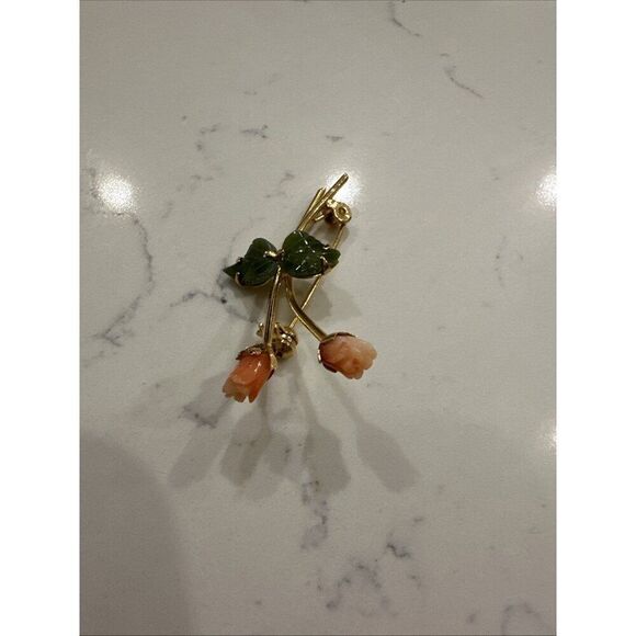 Vintage Coral Roses Green Jade Mini Leaves Gold Tone Metal Brooch Pin - Picture 4 of 6